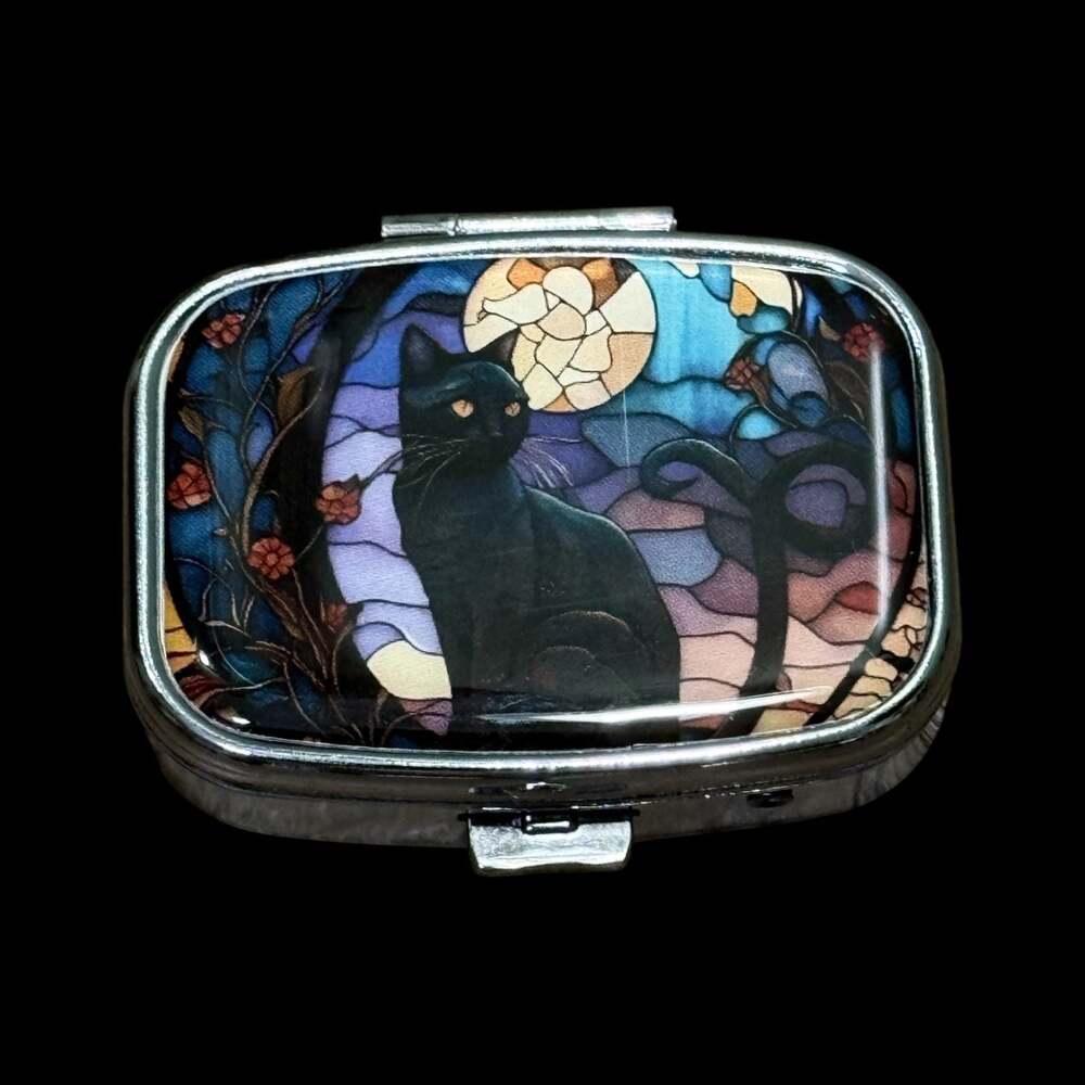 Cute Black Cat Moon Mosaic Portable Rectangle Metal Pill Organizer Case